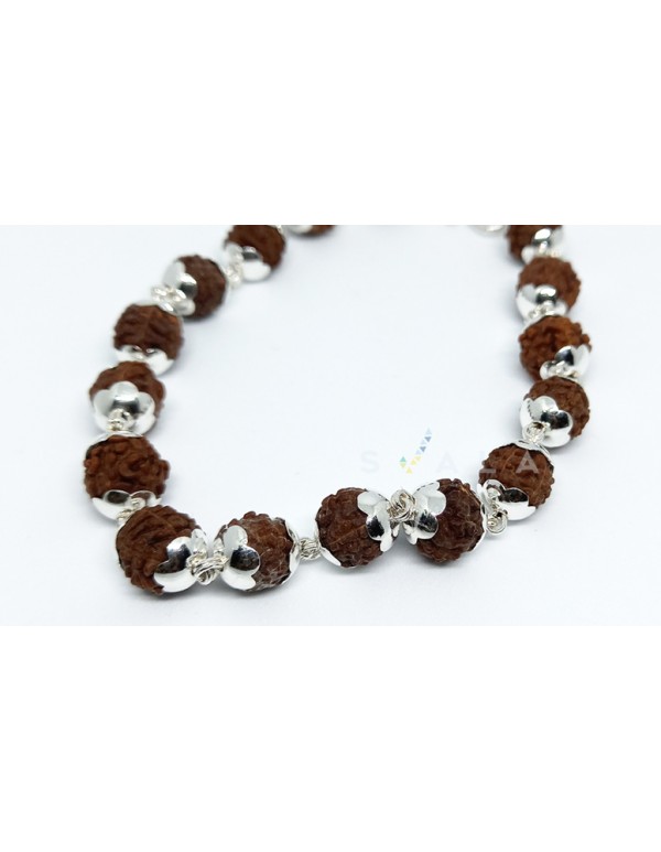 (6gm) 999 Purity Silver caps -5 Mukhi -Rudraksha bracelet for Men and Women 