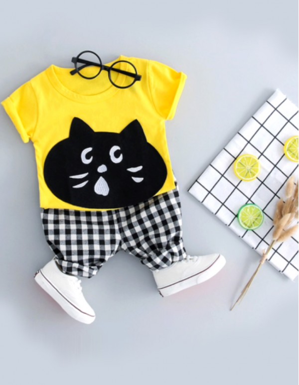 Yellow Cat Print T-Shirt and Pant Set  