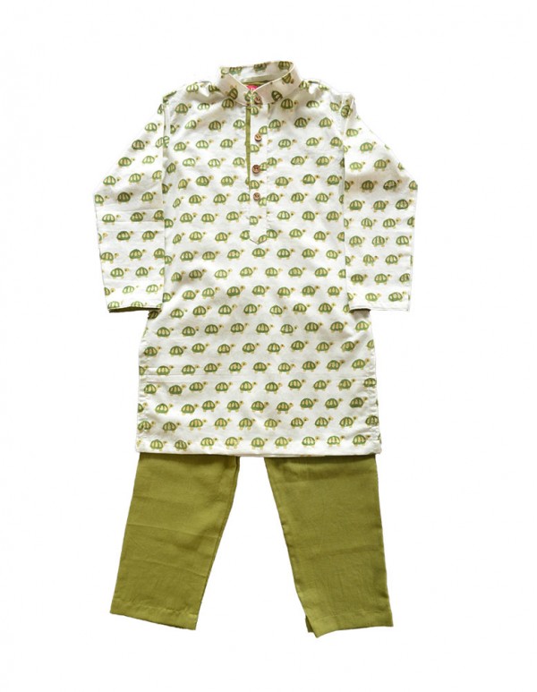 Boy’s mandarin collar tortoise printed Kurta Set