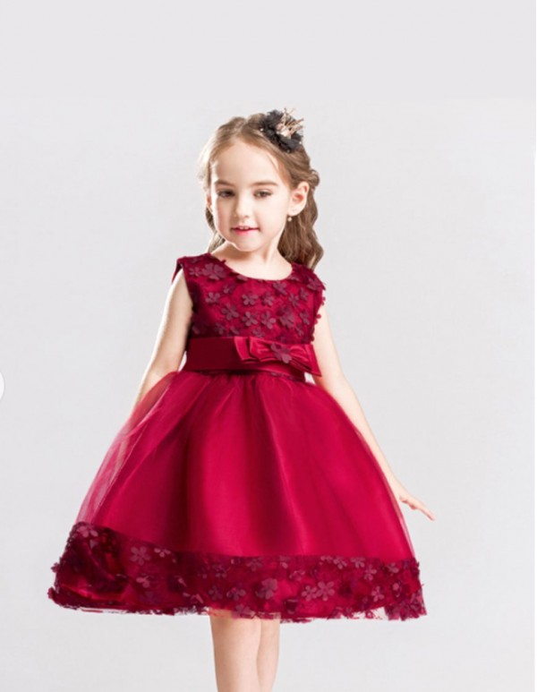  Maroon Bow Applique Party Dress