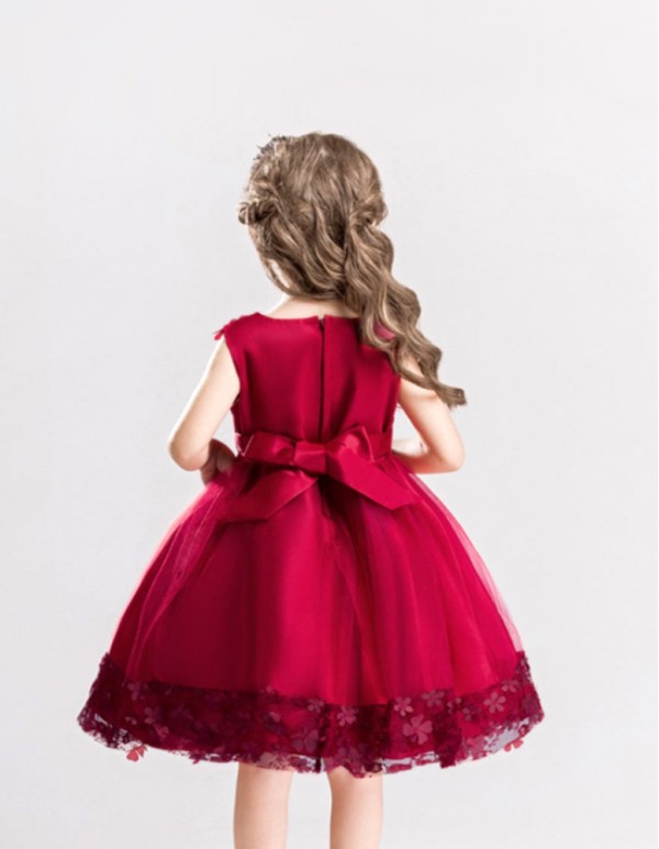  Maroon Bow Applique Party Dress