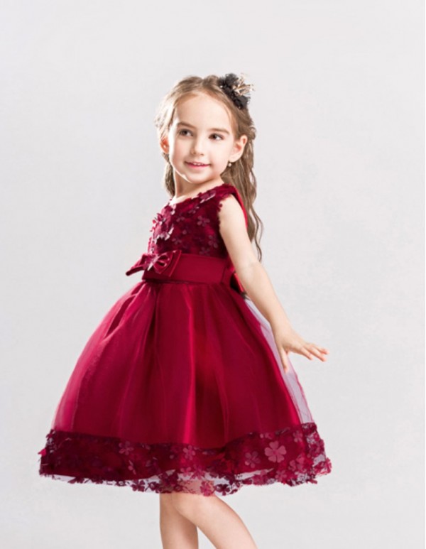  Maroon Bow Applique Party Dress