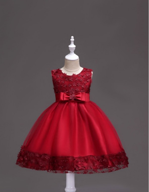  Maroon Bow Applique Party Dress