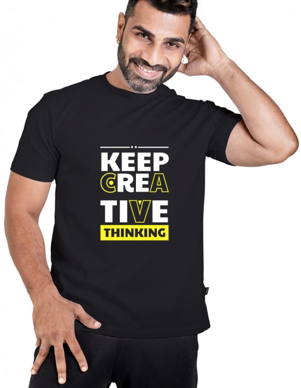 Crew Neck Men's Black Custom TEXT Printed-CREATIVE THINKING Tee