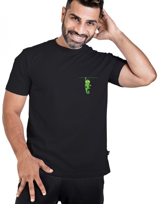 Crew Neck Men's Black Custom Printed-Hanging chameleon Tee